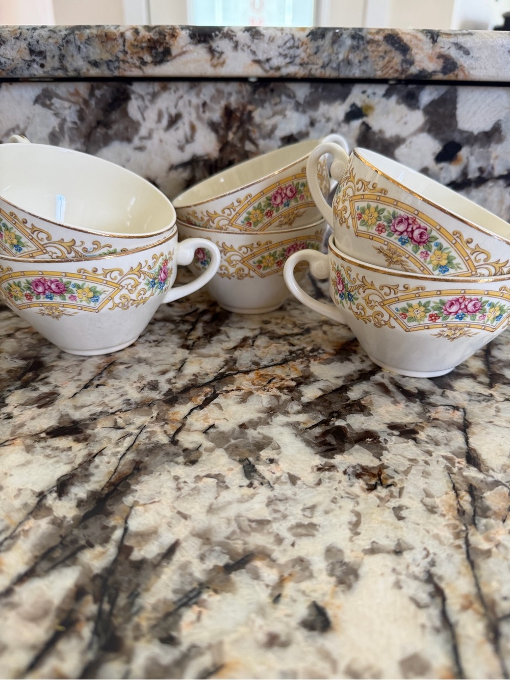 Elegant Floral Gold-Trim Teacups - White with Pink and Green Accents